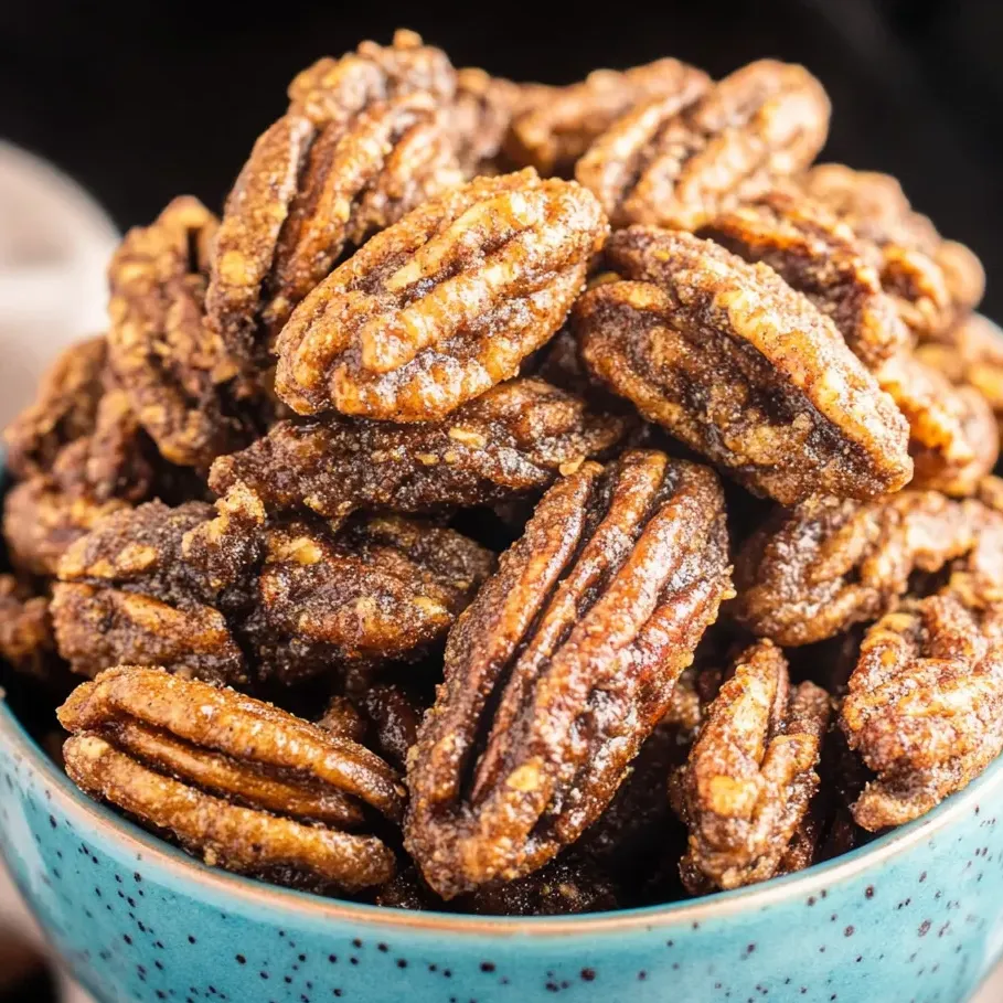 A bowl of pecans with a brown glaze.