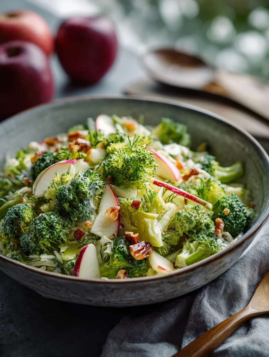 A bowl of broccoli Waldorf salad recipe.