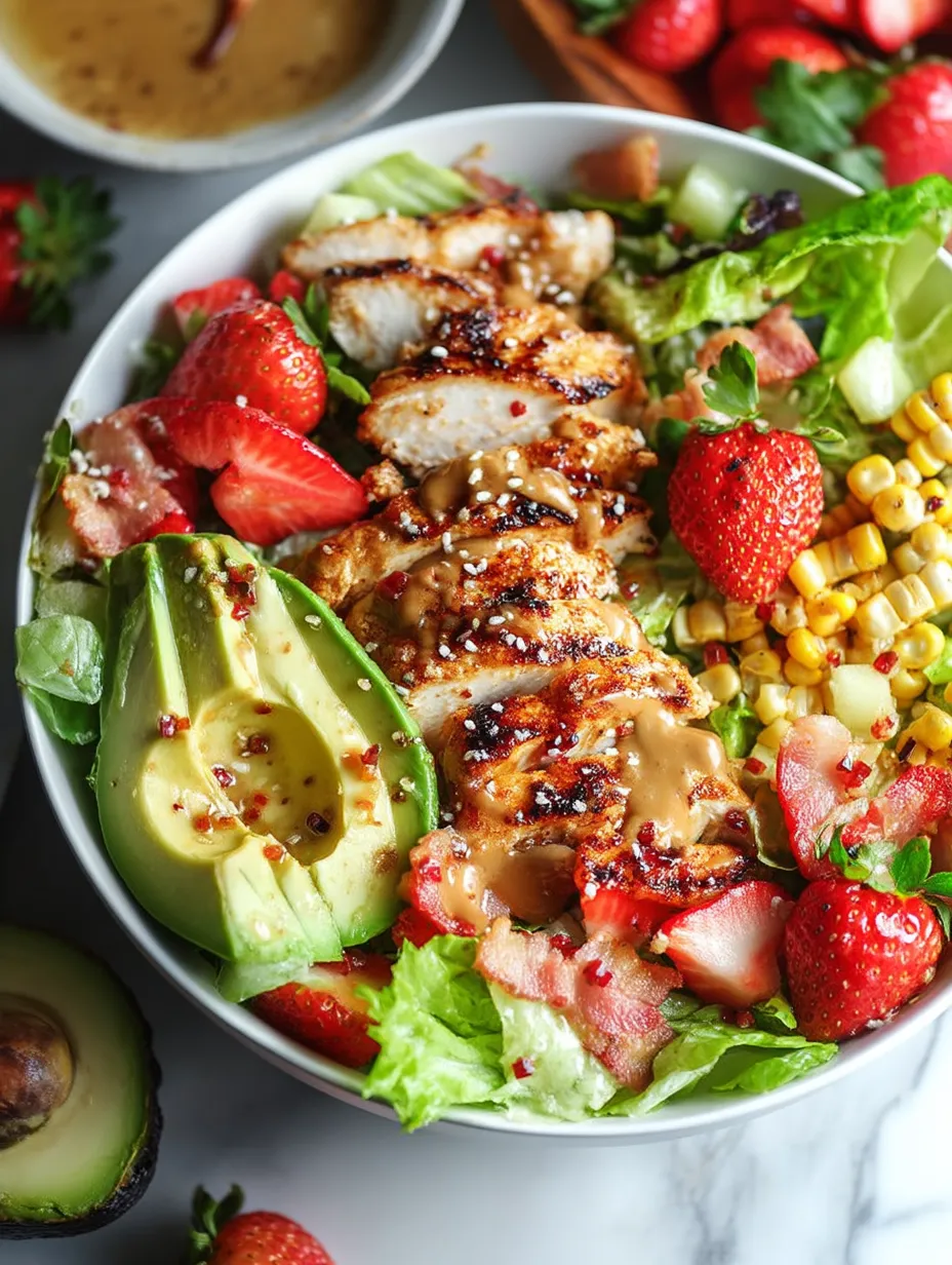 A bowl of chicken salad with strawberries and avocado.