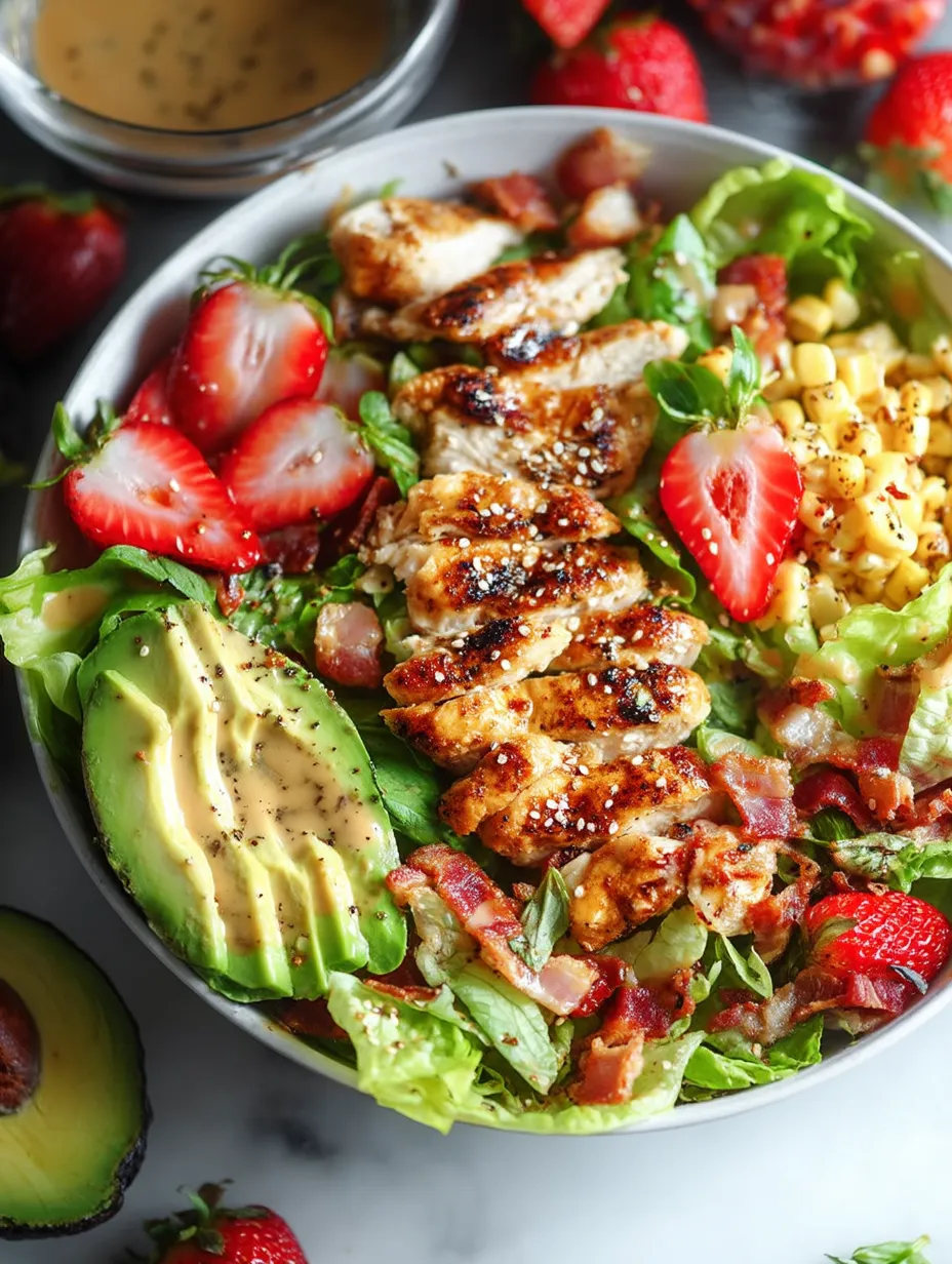 A bowl of chicken salad with lettuce, strawberries, and corn.