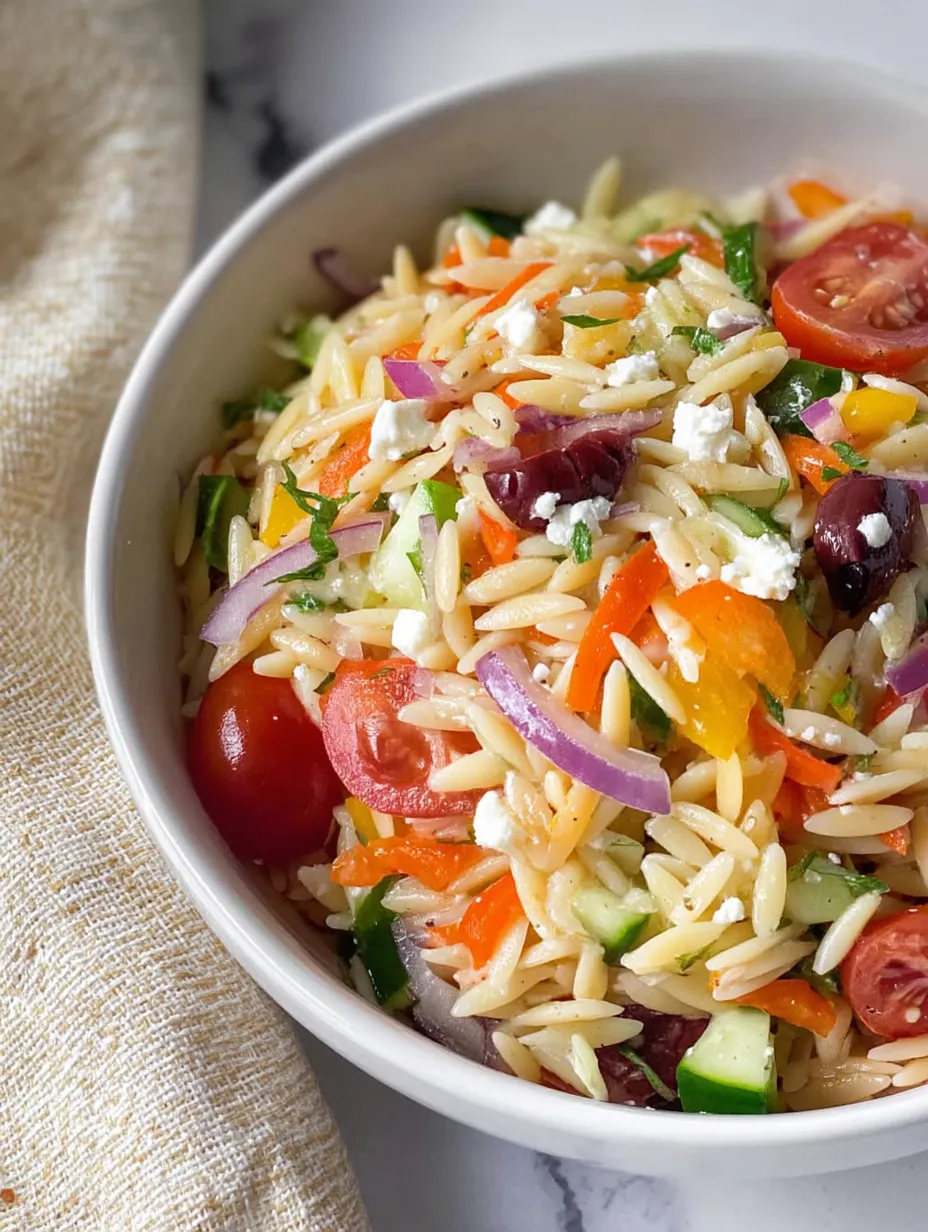 A bowl of Rainbow Orzo Salad recipe.