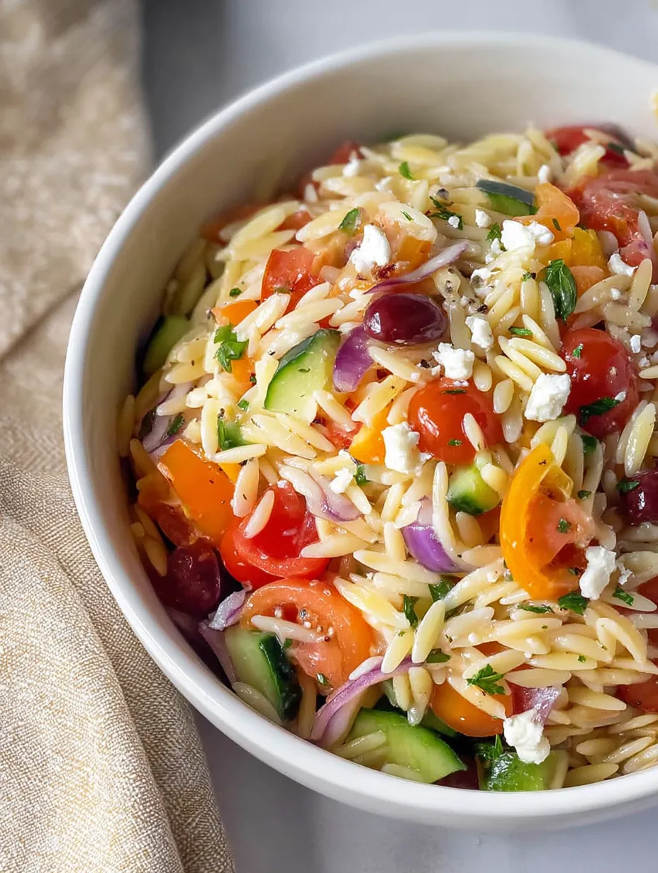 A bowl of Rainbow Orzo Salad.