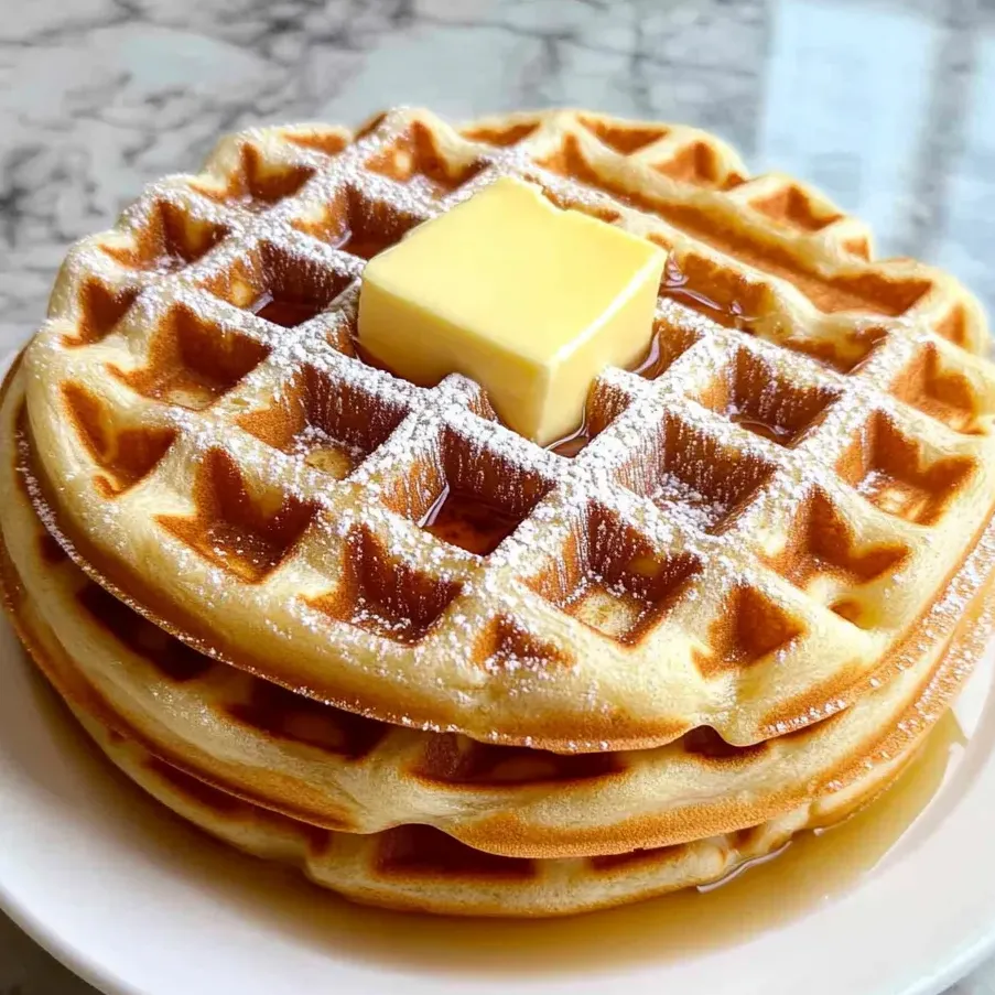 A plate of waffles with butter on top.
