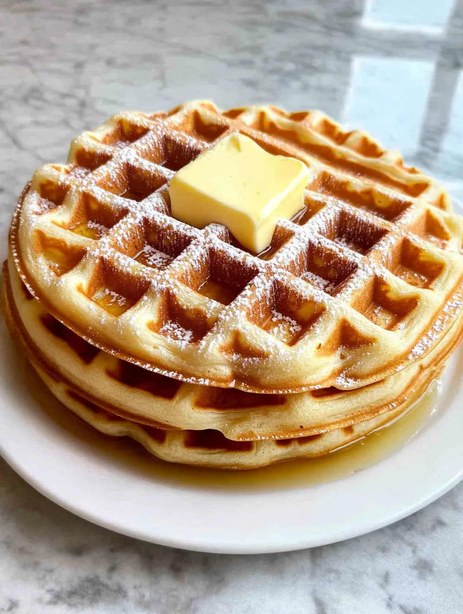 A plate of waffles with butter on top.