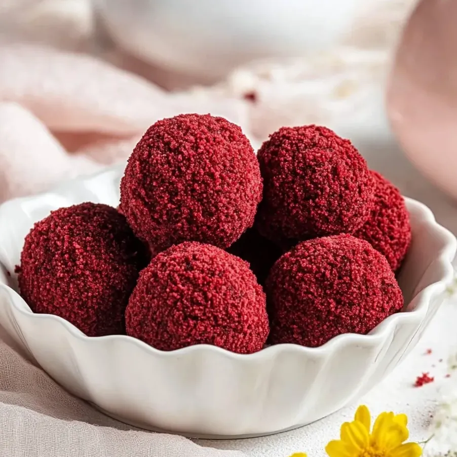 A bowl of red velvet cheesecake bites.