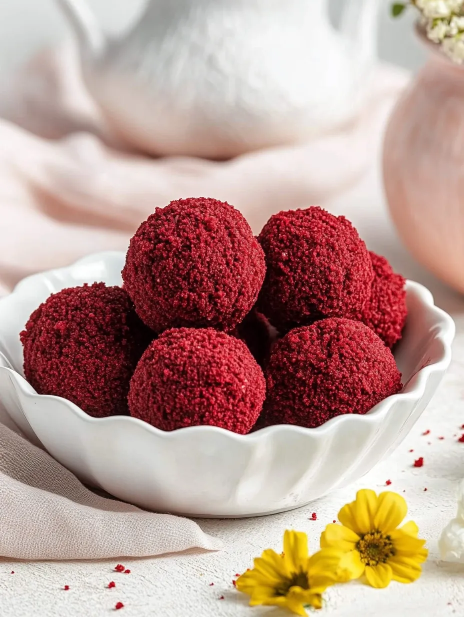 A bowl showing beautiful homemade red velvet cheesecake bites.