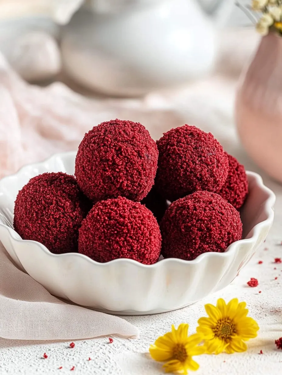 A bowl filled with tasty red velvet cheesecake bites.