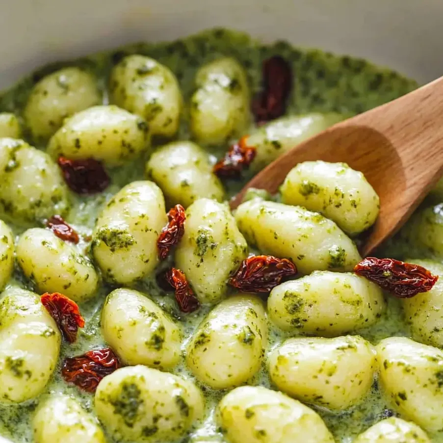 A bowl of creamy pesto gnocchi dinner.