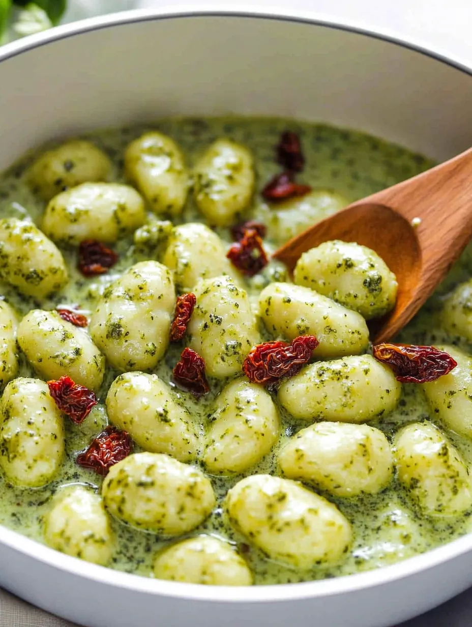 A bowl of creamy pesto gnocchi dinner recipe.