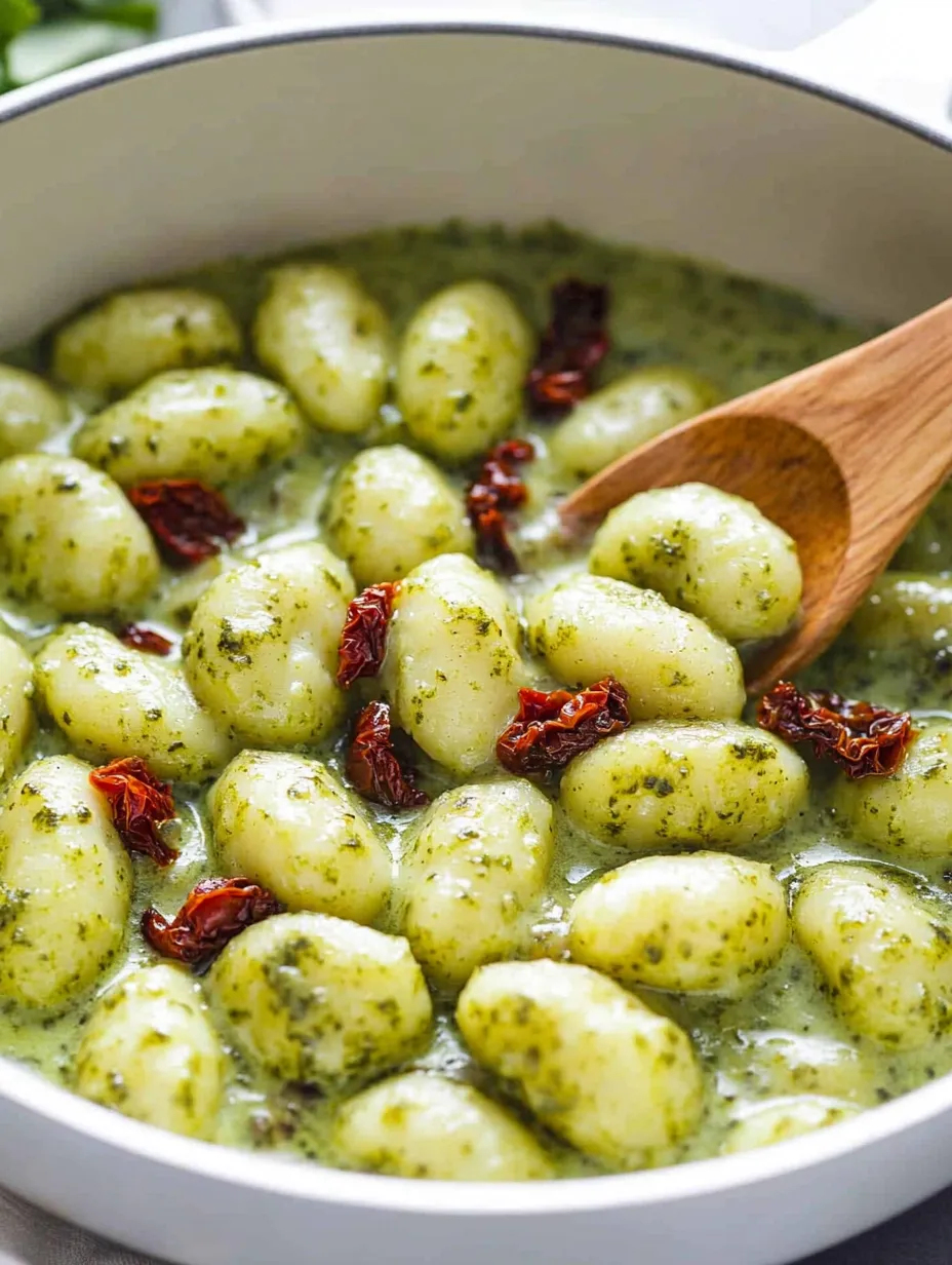 A bowl of creamy pesto gnocchi dinner.