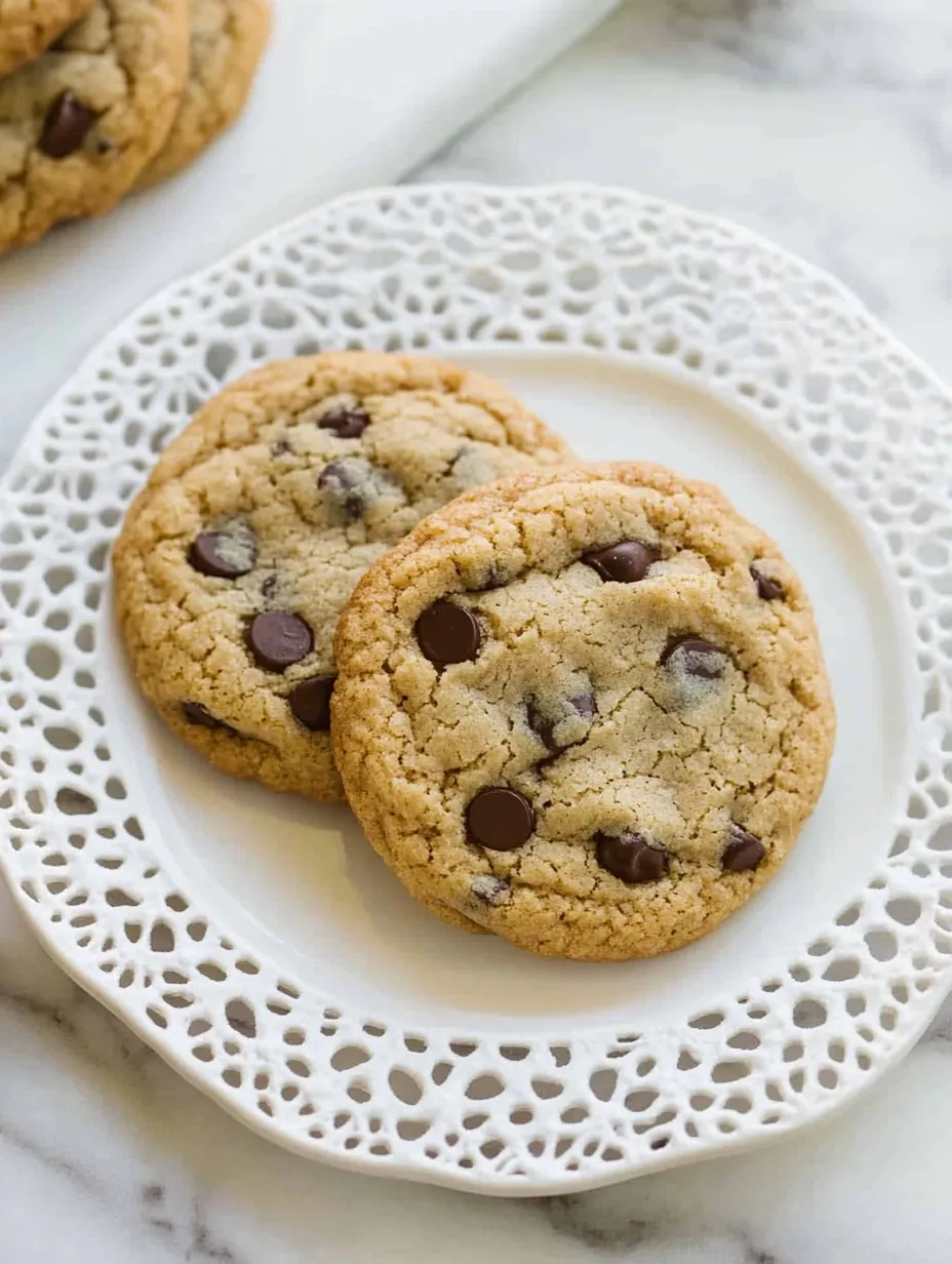 Two almond flour chocolate chip cookies on a white plate.
