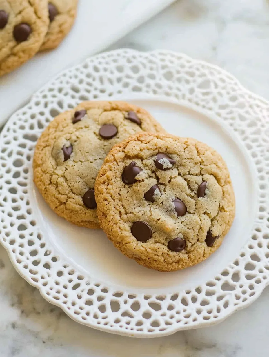 Two almond flour chocolate chip cookies on a plate.
