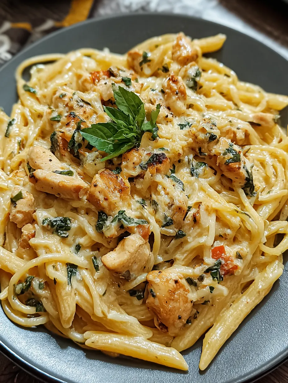 A plate of chicken and pasta with a green garnish.