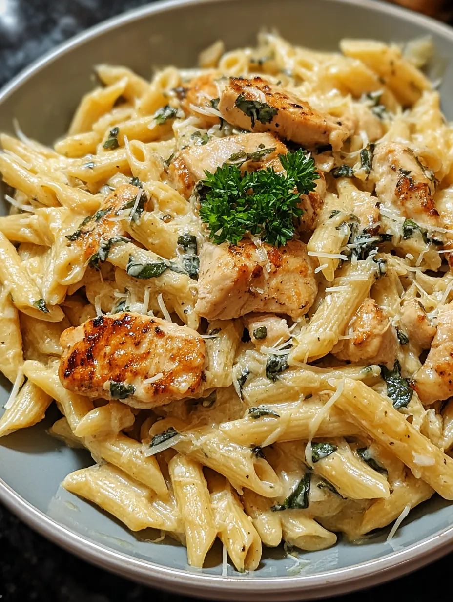 A bowl of pasta with chicken and parsley.