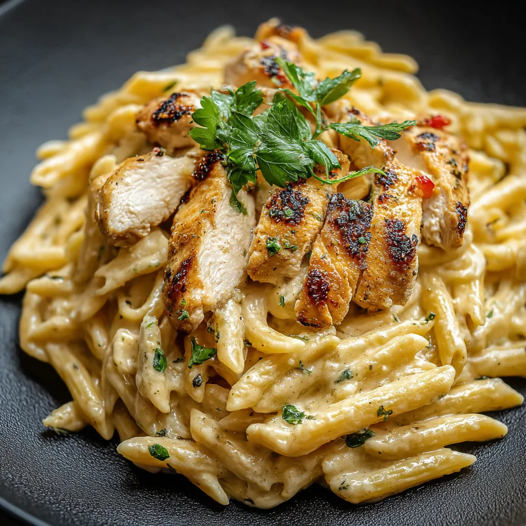 A plate of chicken and pasta with a green garnish.