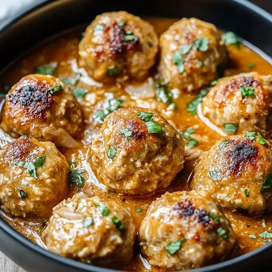 A bowl of meatballs in a brown sauce.