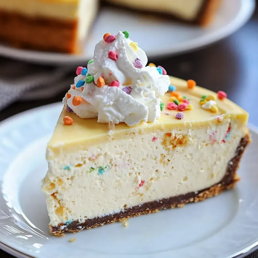 A slice of cake batter cheesecake delight with a dollop of whipped cream on top.