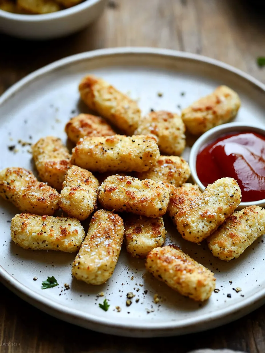 A plate of baked cauliflower tots with a ketchup dipping sauce.