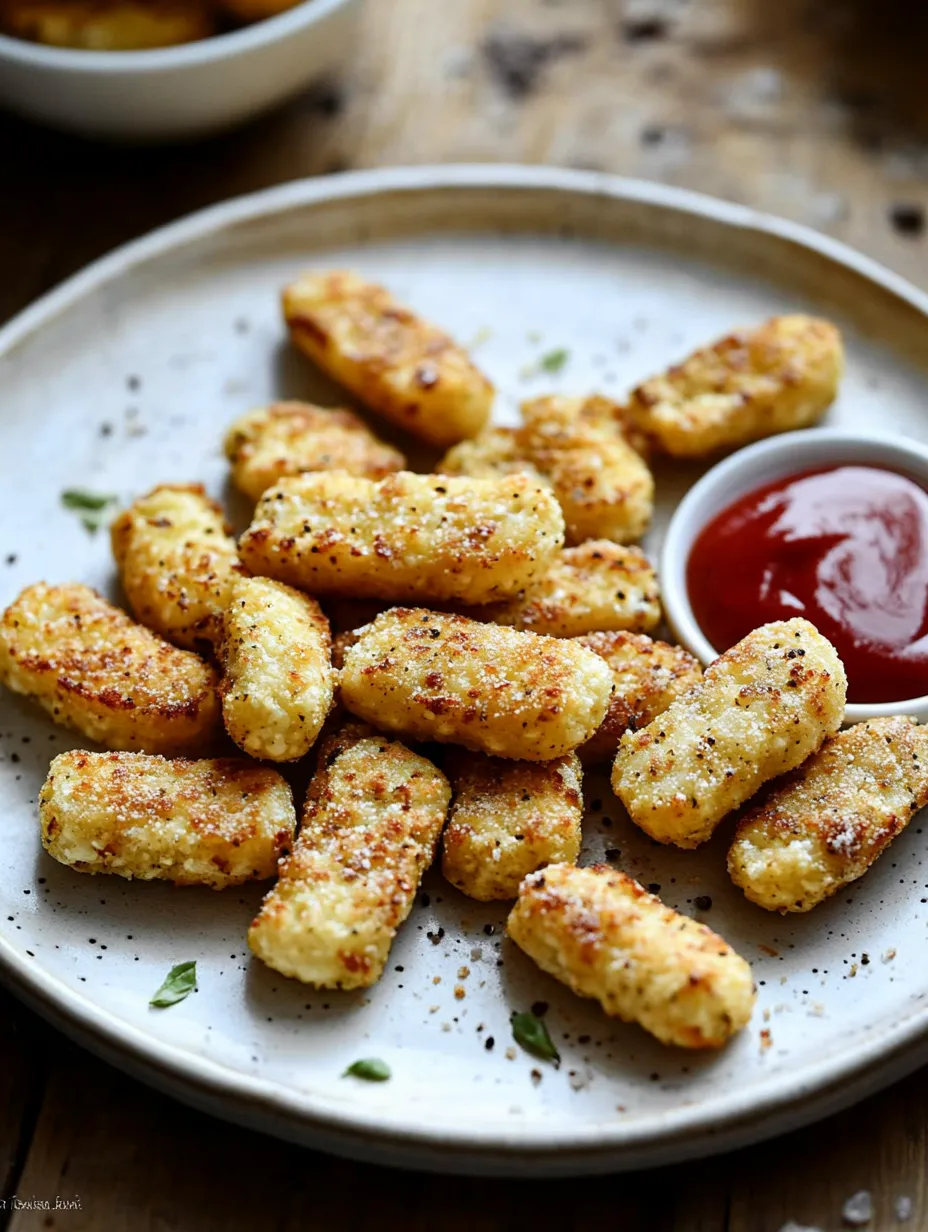A plate of baked cauliflower tots with ketchup.