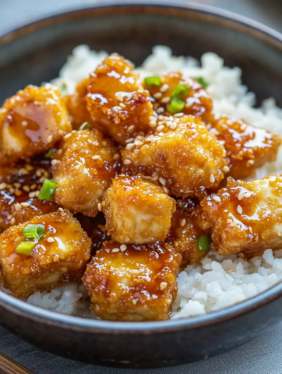 A bowl of crispy honey garlic tofu recipe.