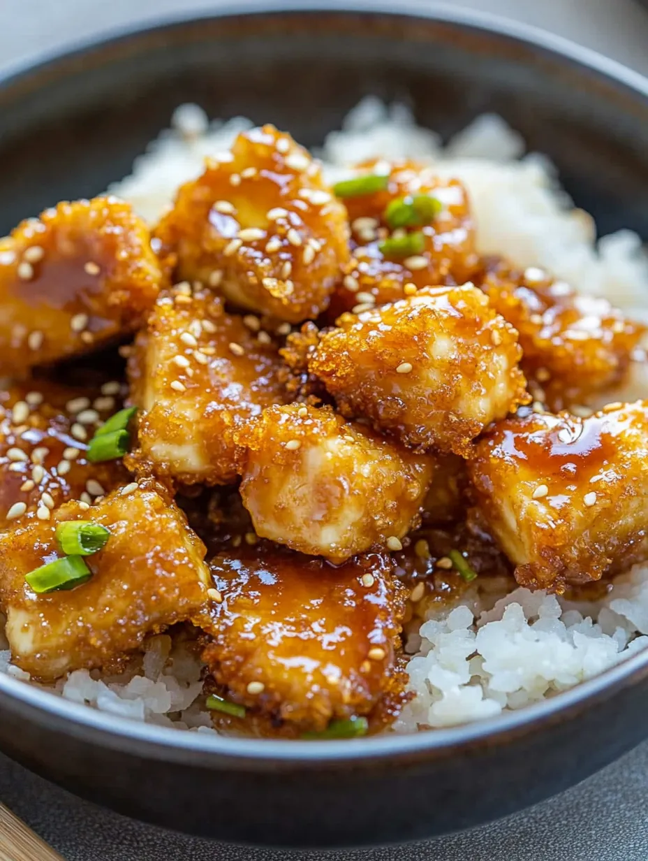 A bowl of crispy honey garlic tofu.
