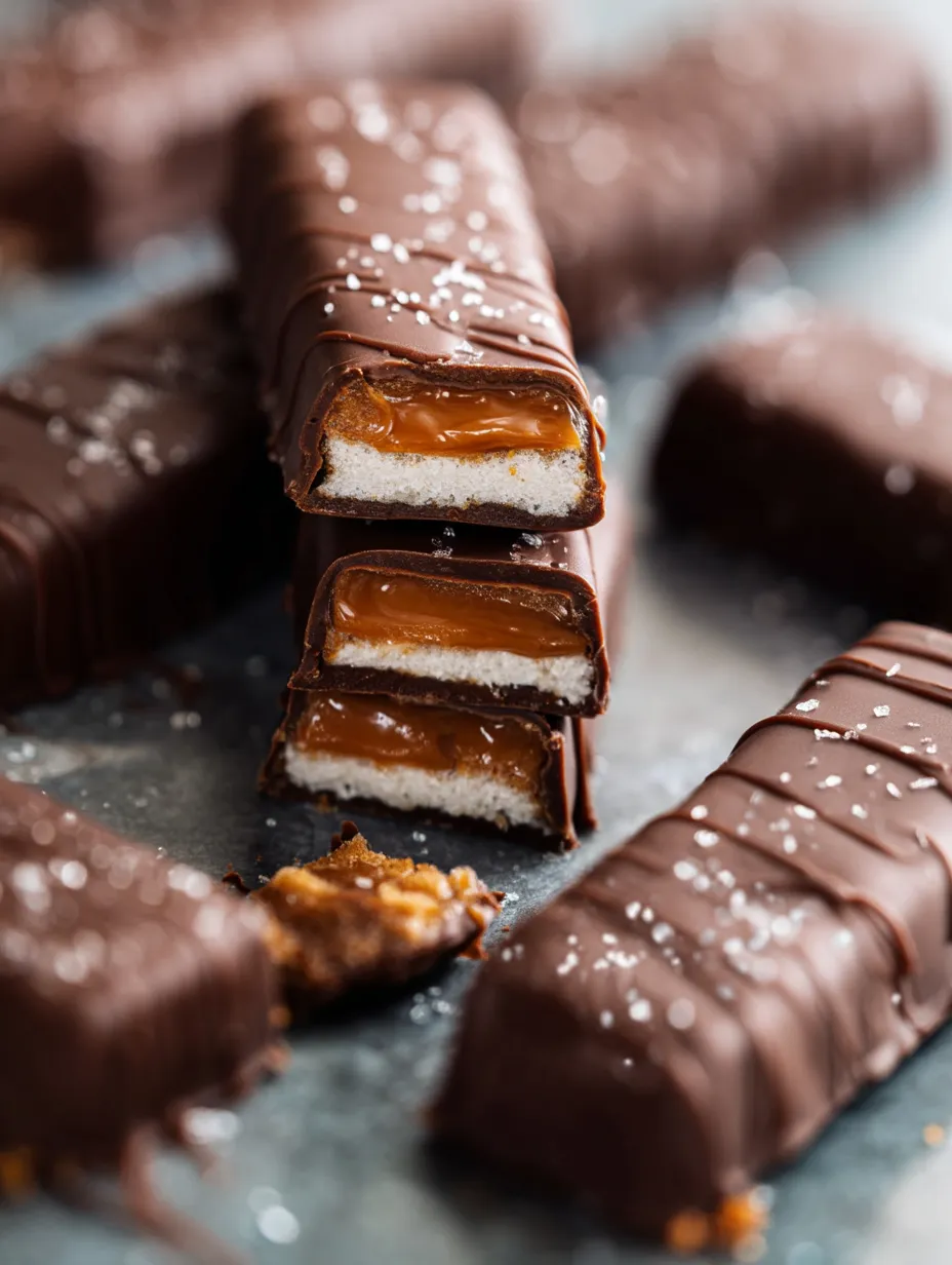 A detailed view of a homemade candy bar showing chocolate coating and creamy filling.