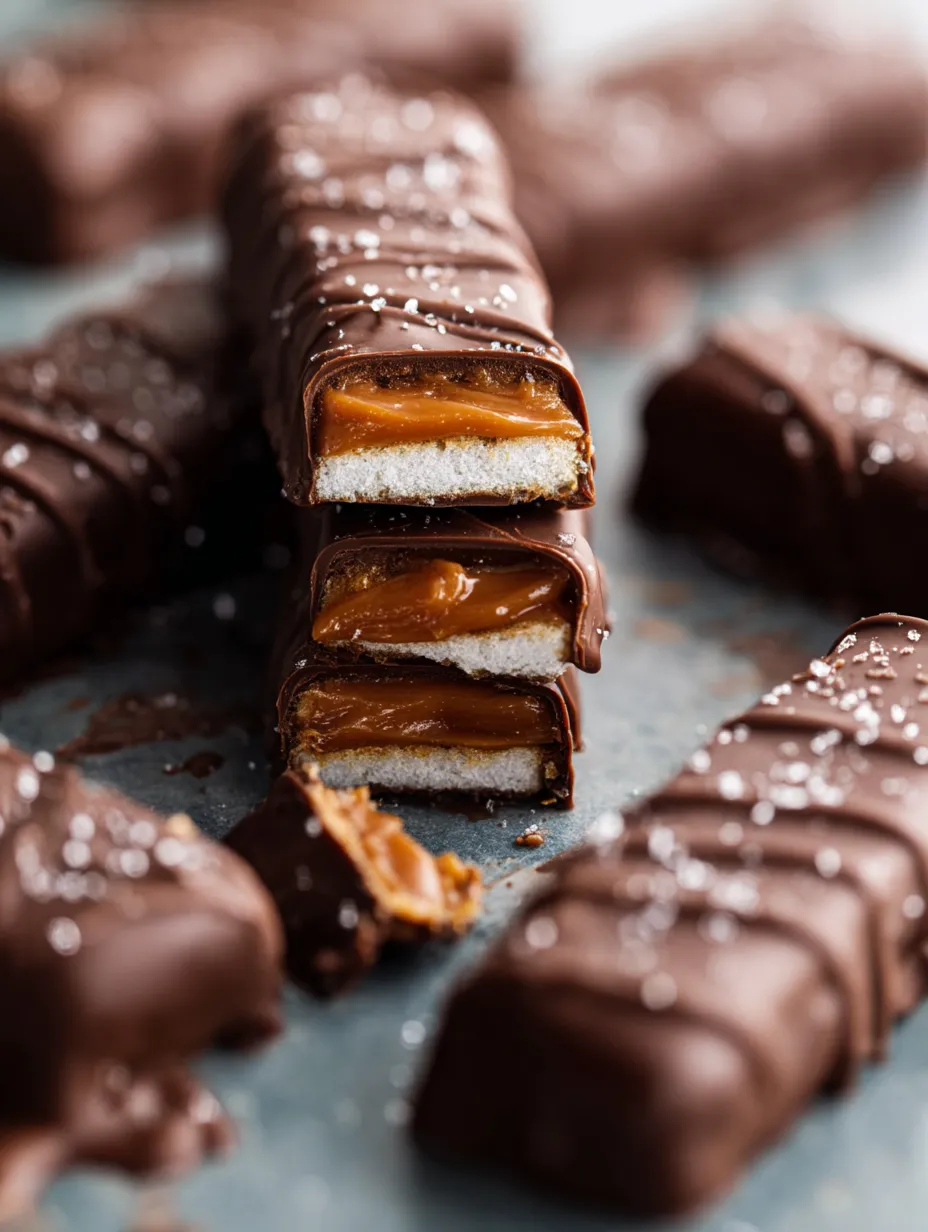 A tempting close-up shot showing layers of homemade candy bar with chocolate and peanut filling.
