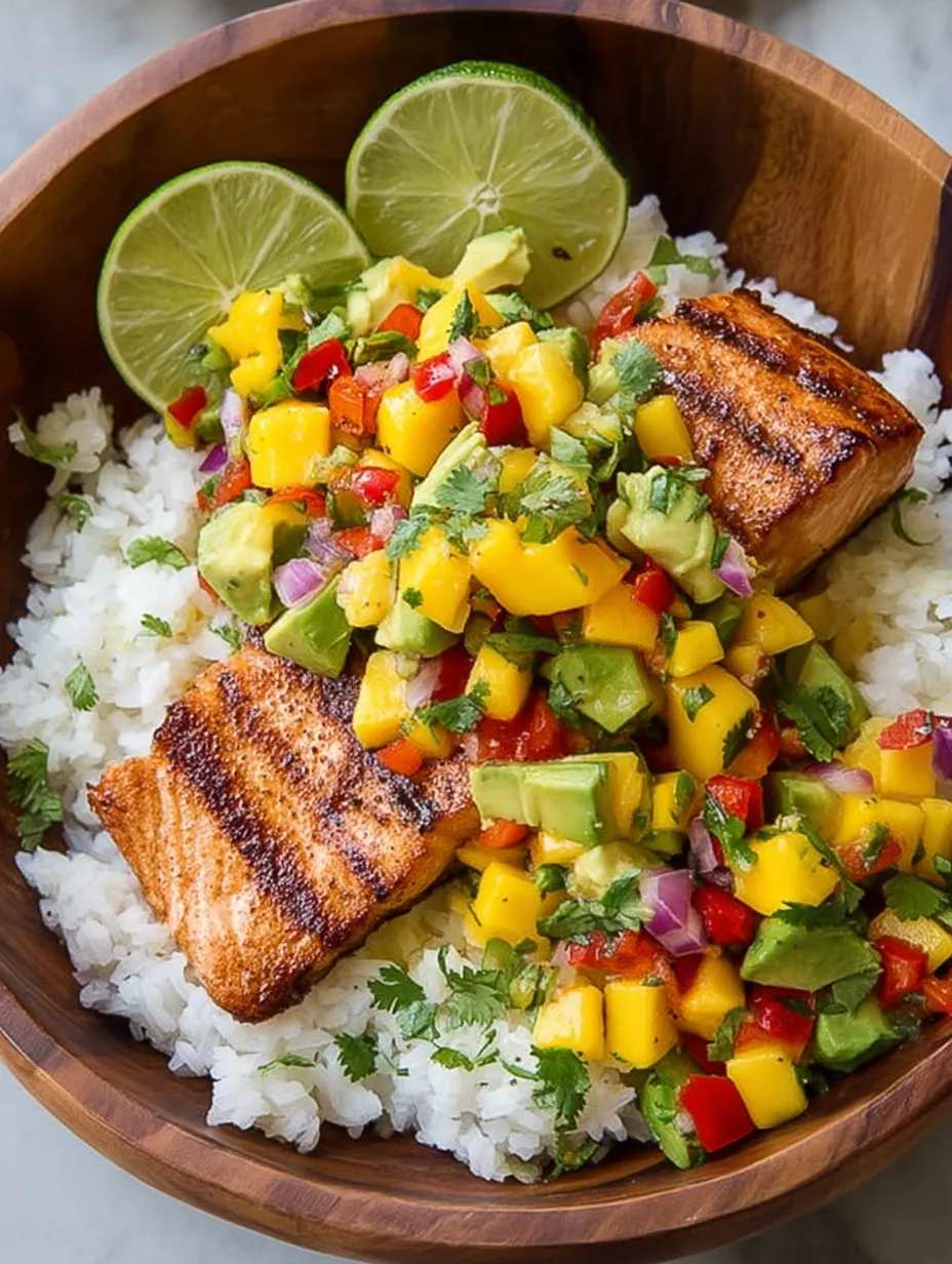 A bowl of food with grilled salmon, mango salsa and rice.