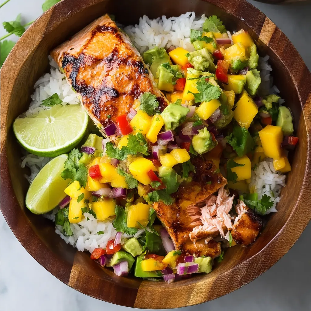 A bowl of grilled salmon with mango salsa.