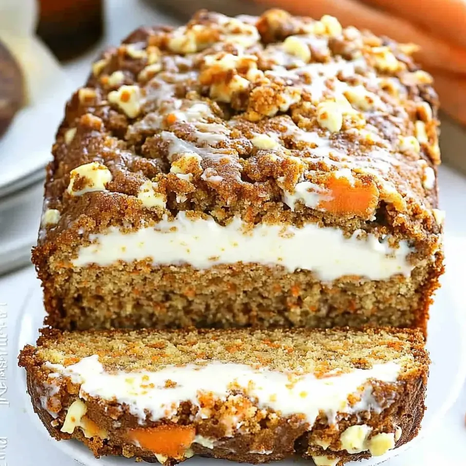 A slice of carrot loaf cake with cream filling.
