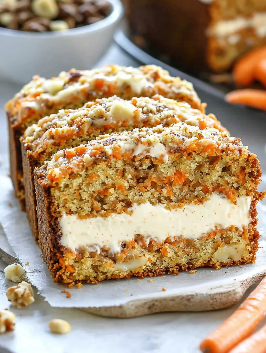 A slice of carrot loaf cake with cream filling.