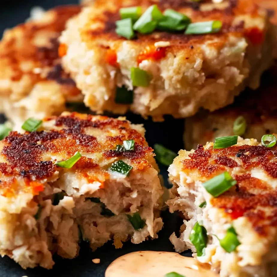 A plate of tuna cakes with mayo on it.