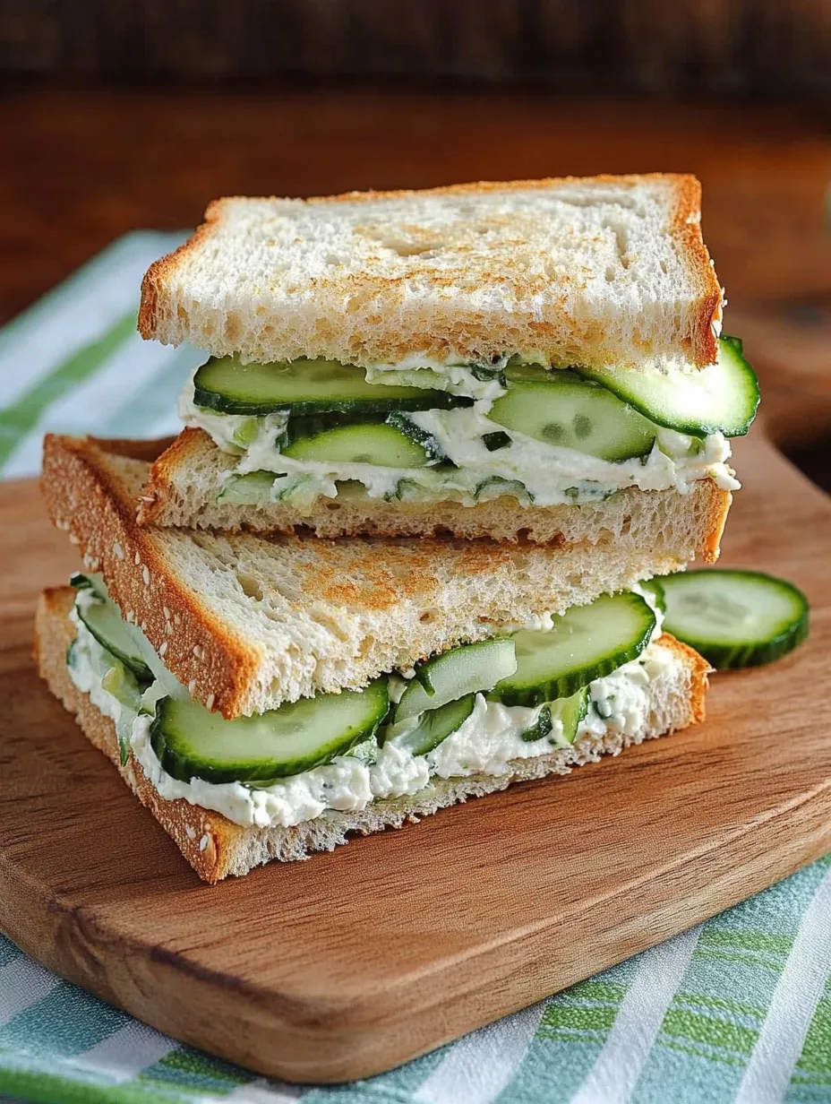 A cucumber sandwich on a wooden cutting board recipe.