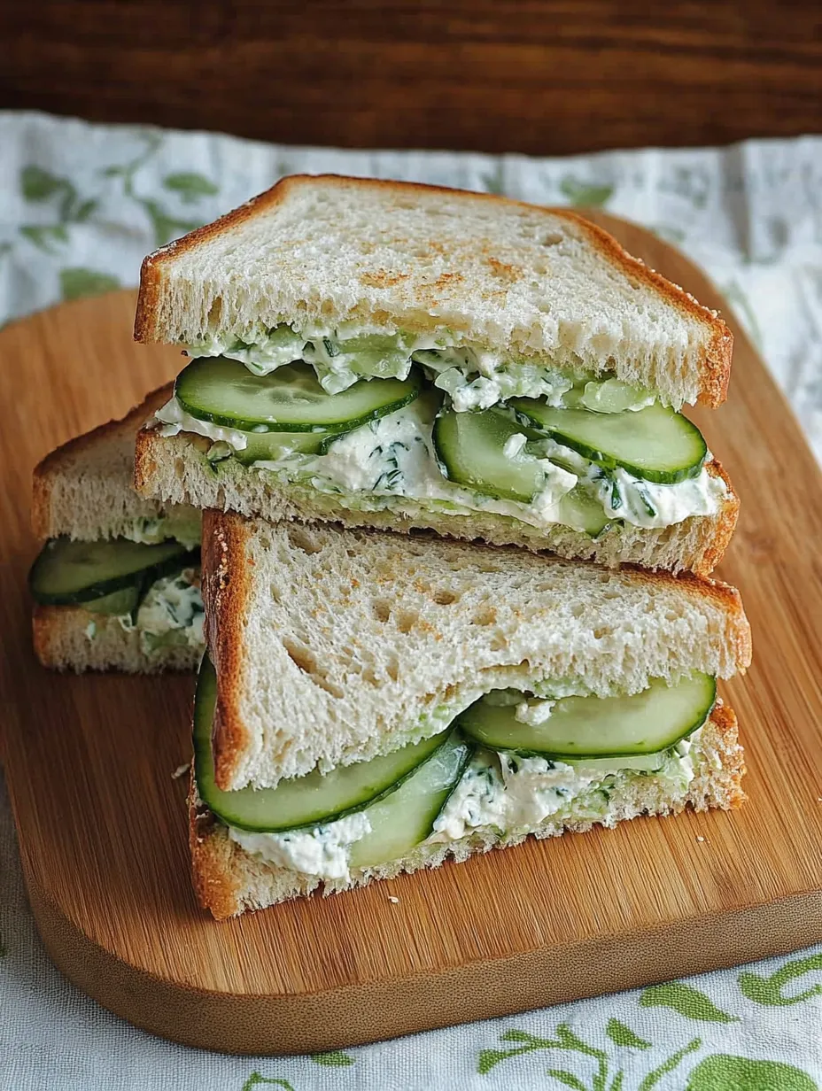 A cucumber sandwich on a wooden cutting board.