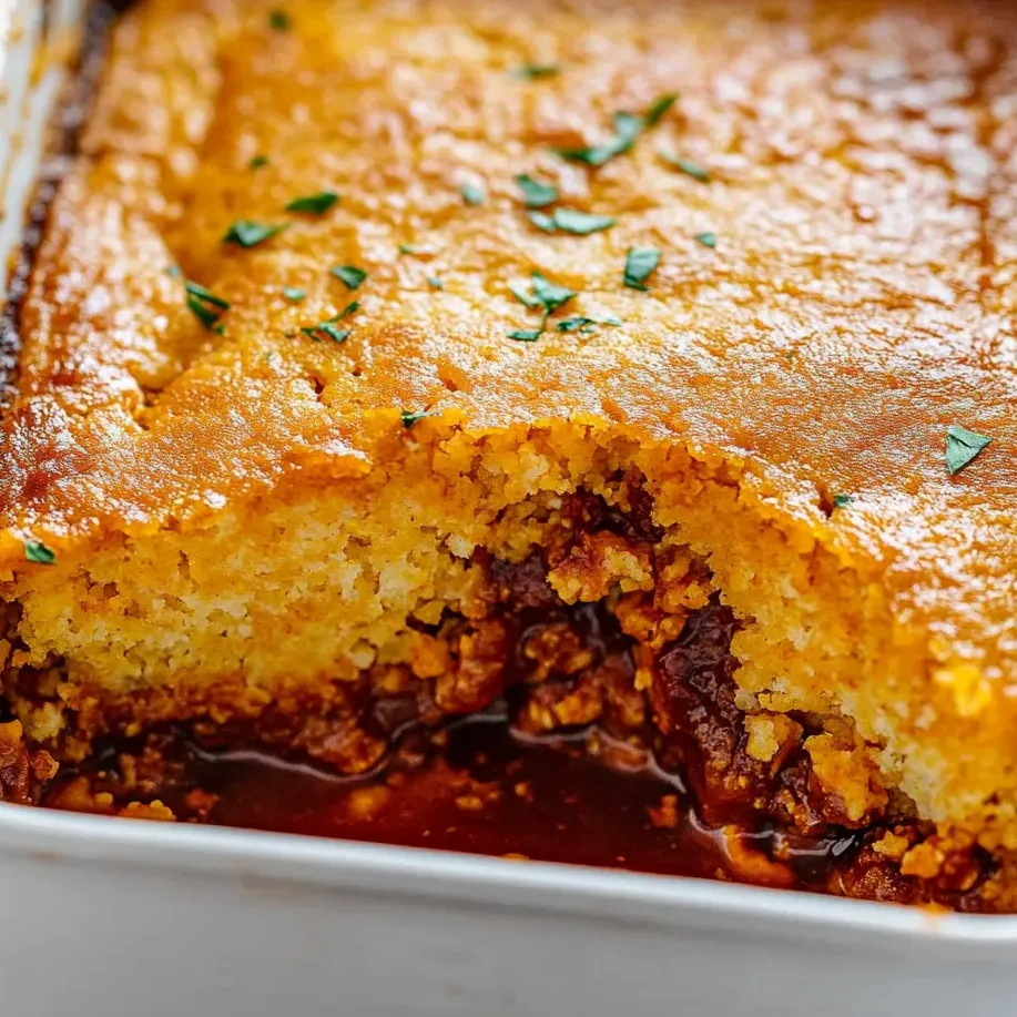 A baked dish with a cornbread crust and BBQ chicken filling.