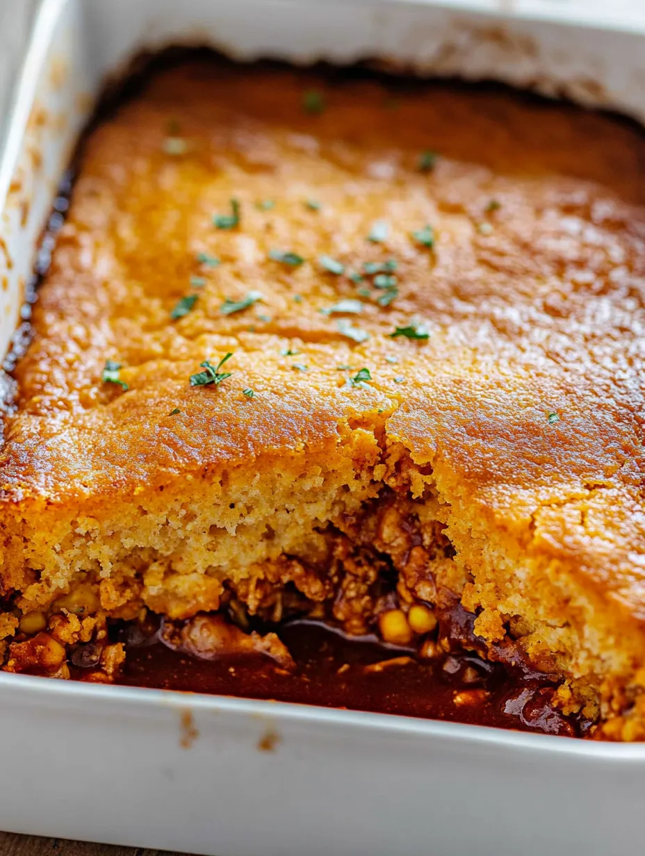 A baked dish with a cornbread crust and BBQ chicken filling recipe.