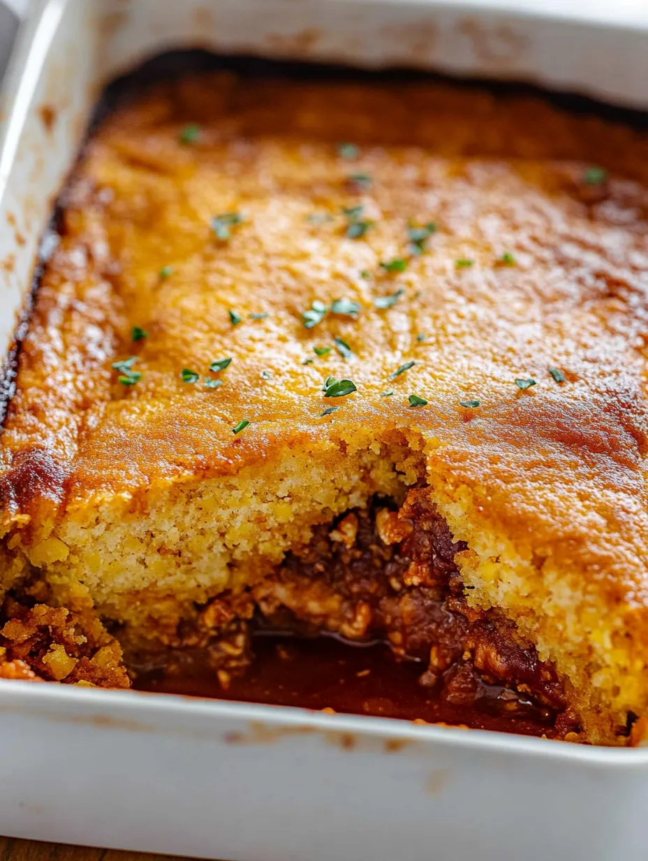 A baked dish with a cornbread crust and BBQ chicken filling.