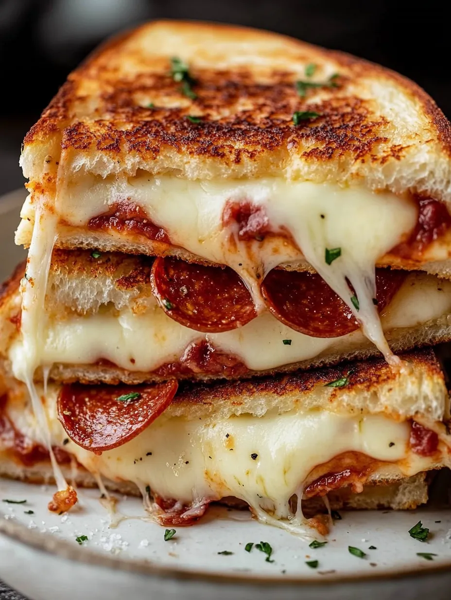 A stack of grilled cheese sandwiches with pepperoni.
