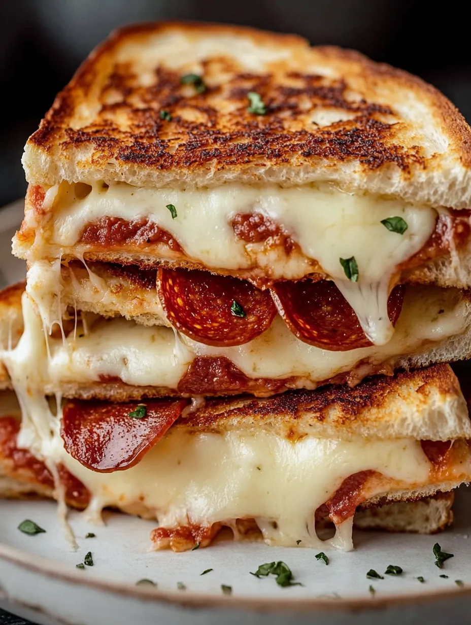 A stack of pepperoni pizza grilled cheese sandwiches.