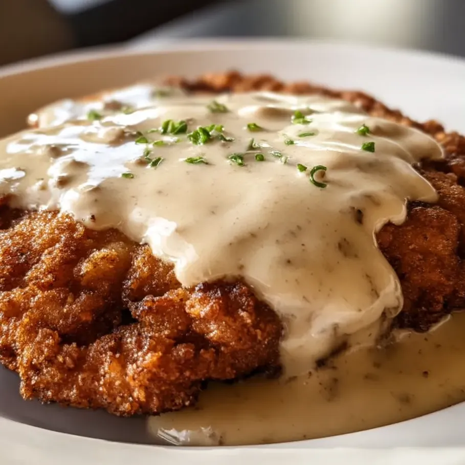 A plate of chicken fried steak with gravy.