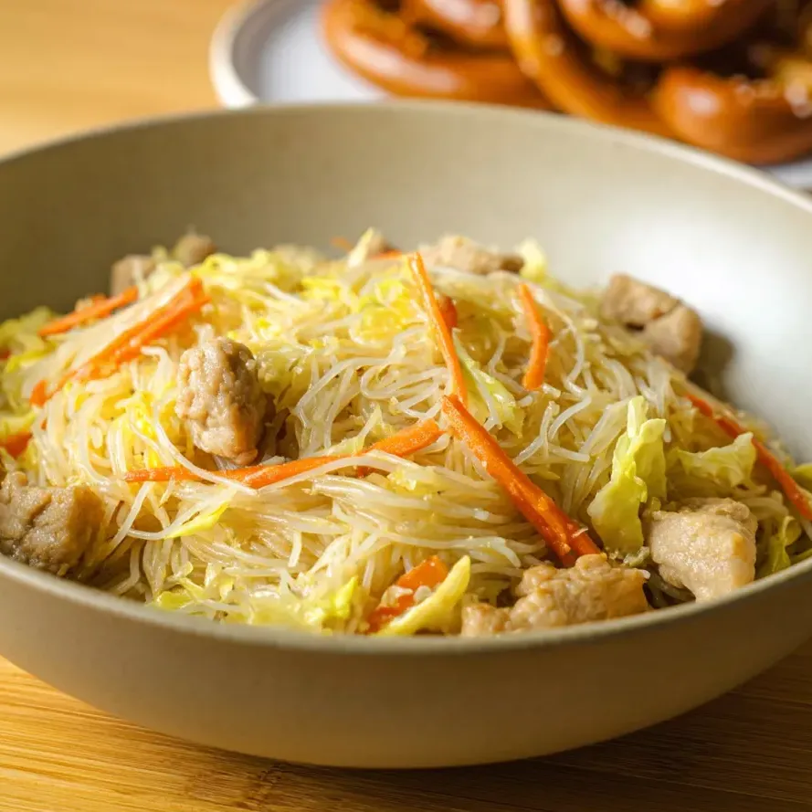 A bowl of pancit with meat and vegetables.
