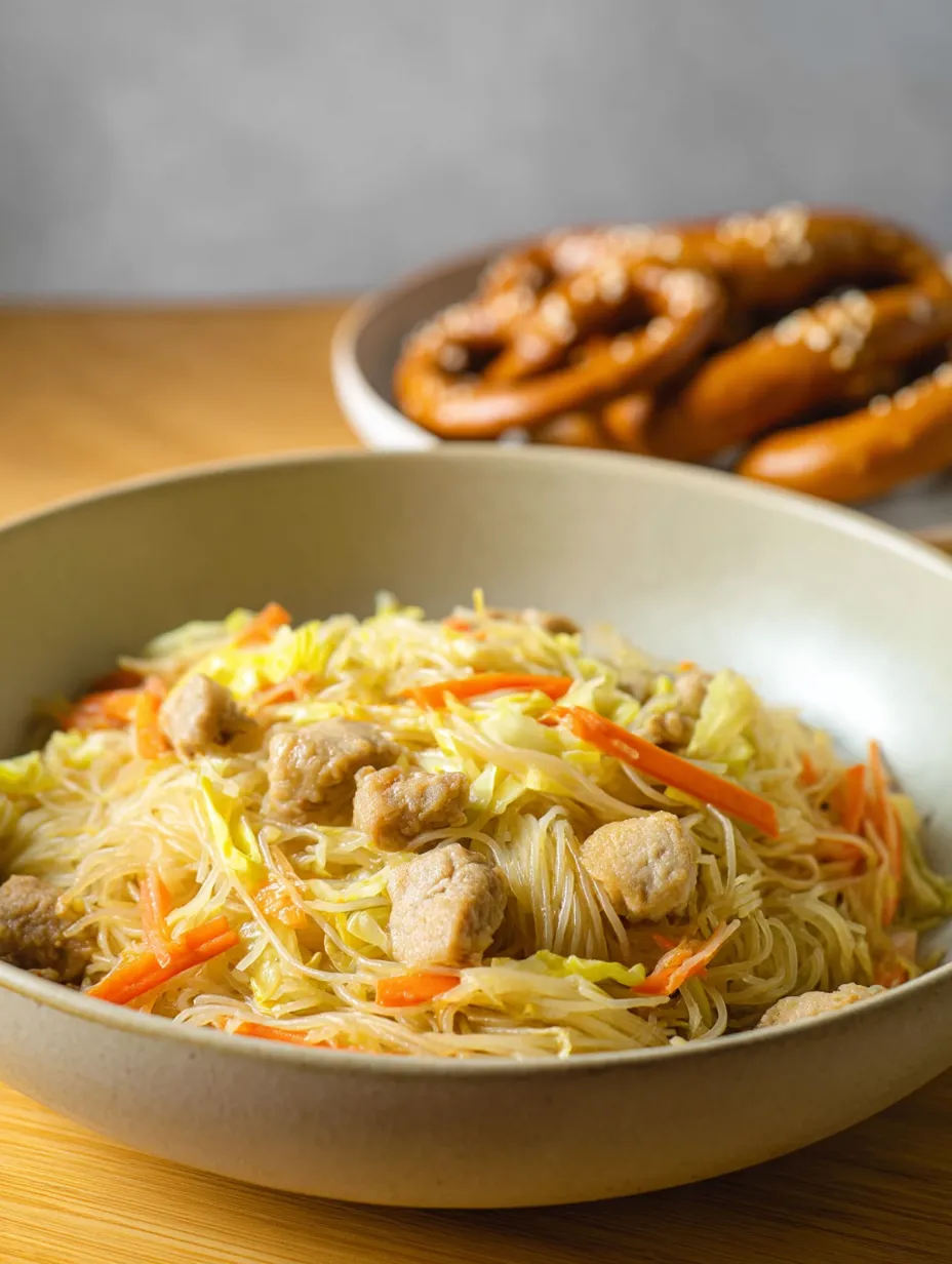 A bowl of pancit noodles with meat and vegetables.