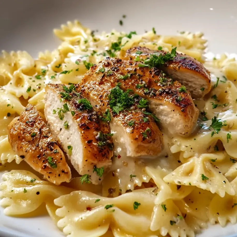 A plate of pasta with chicken and herbs.