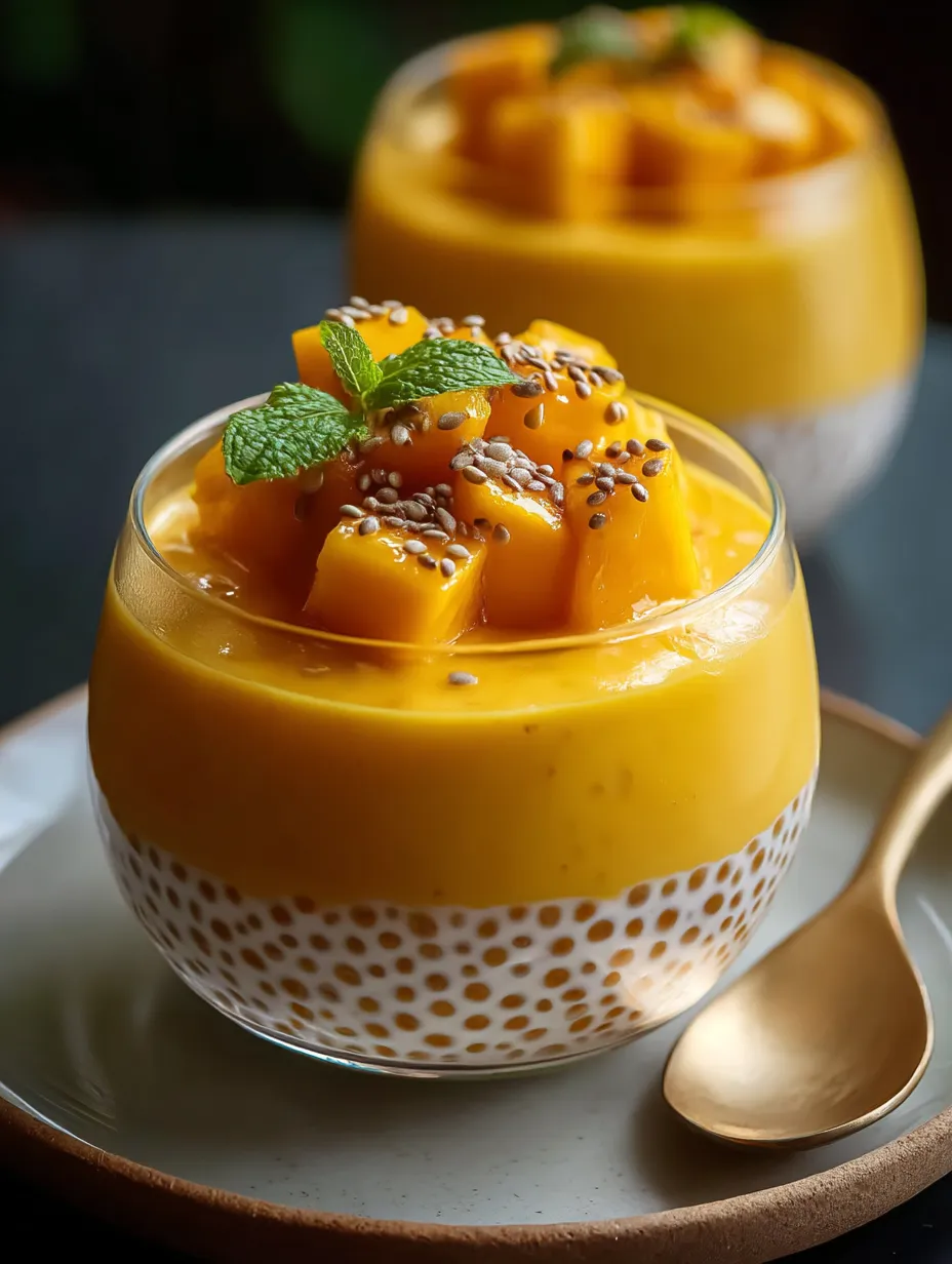 A bowl of mango sago dessert with a spoon.