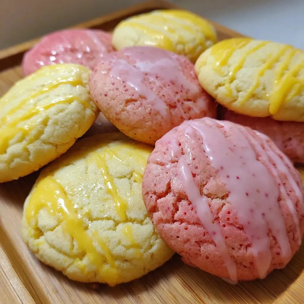 A plate of cookies with pink and yellow icing.
