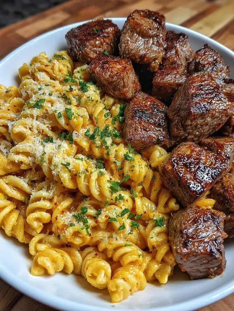 A plate of food with garlic butter steak bites and cajun alfredo pasta.