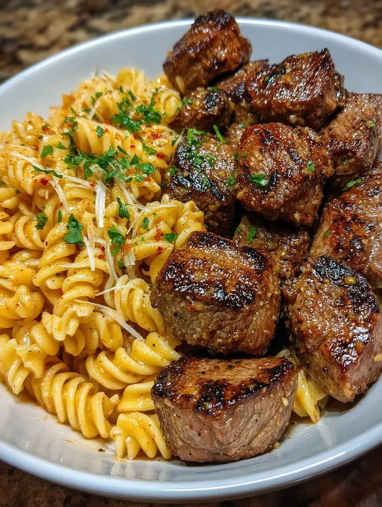 A bowl of pasta with meat and garlic butter.
