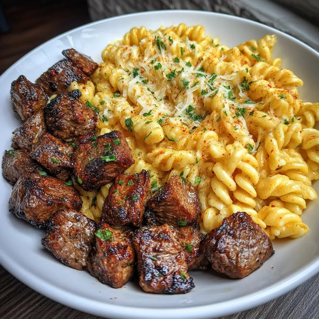 A plate of food with garlic butter steak bites and cajun alfredo pasta.