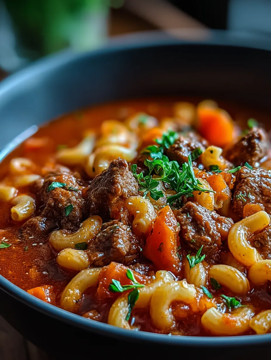 A bowl of Grandma's Goulash with noodles and meat.