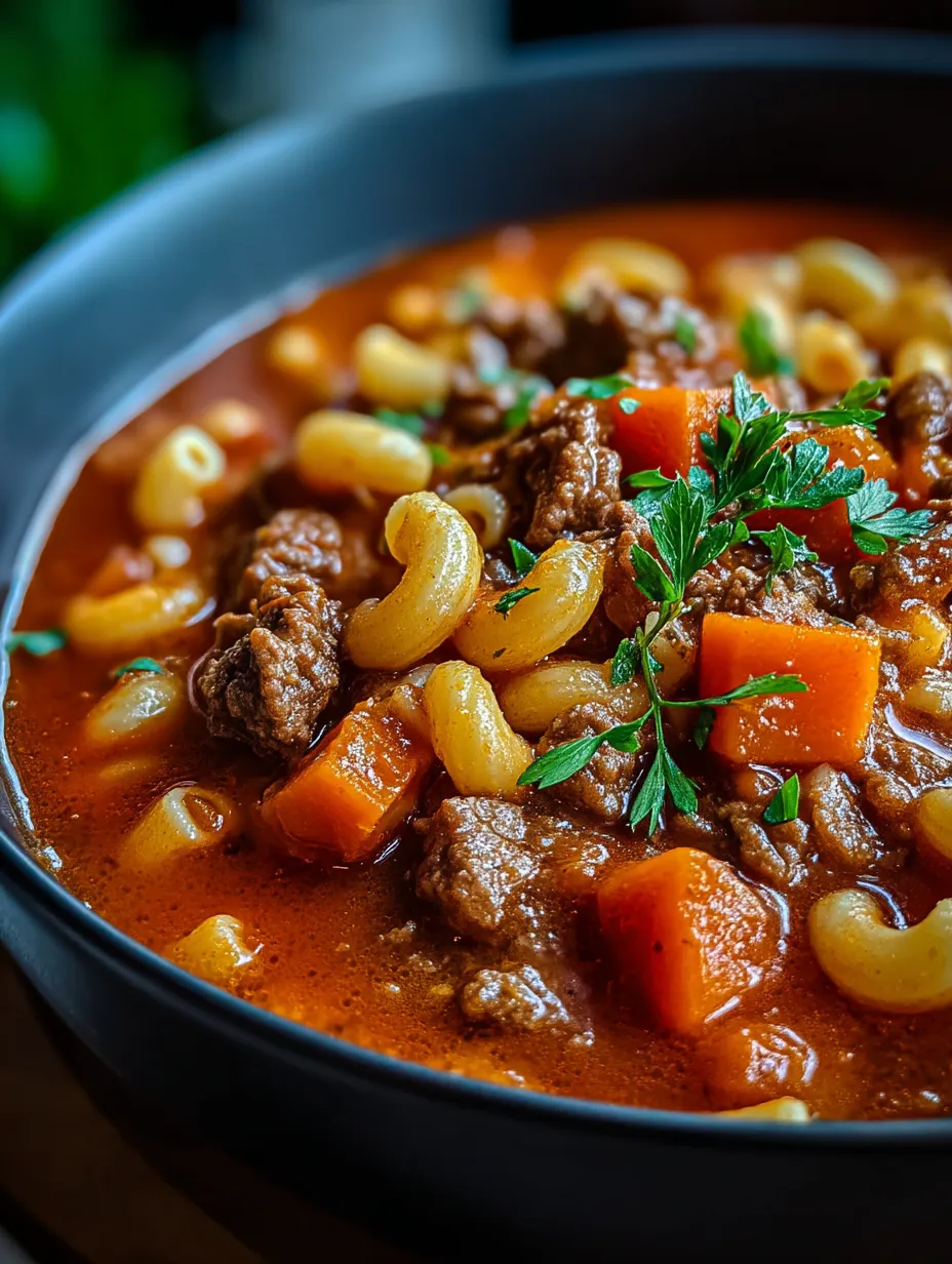A bowl of Grandma's Goulash with noodles and meat.